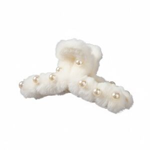 Faux Fur Pearl-Embellished Hair Clip - Cream